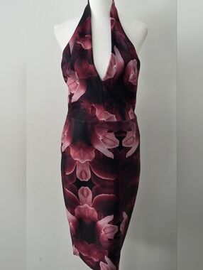 le chateau One-Shoulder Halter Floral Sheath Dress in Deep Berry and Blush